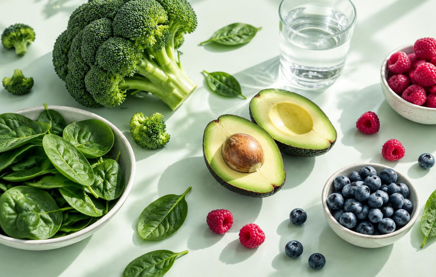 Fresh broccoli, avocado, berries, leafy greens and water arranged for a balanced nutrition approach